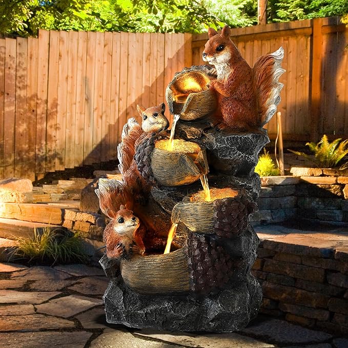 Outdoor Garden Water Fountain with Cascading Rock, 4-Tiers Fountains and Waterfalls with LED Lights,Indoor/Outdoor Morden Floor Standing Water Feature w/3 Squirrel Decor for Patio, Backyard