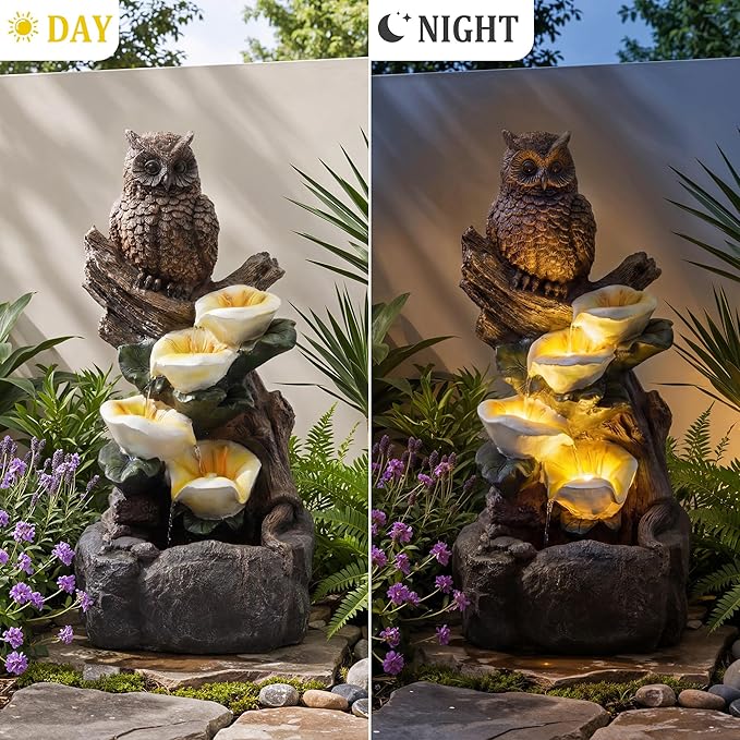28.3" Tall Outdoor Water Fountain, 4 Tier Cascading Bowls and Stacked Water Fountain with LED Lights, for Yard Décor, Backyard, Patio and Deck (28.3'')