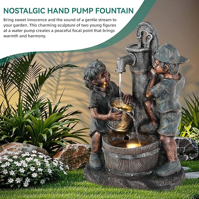 26" Outdoor Fountain, 3-Tier Boy-Girl Playing with Faucet Water Feature with LED Lights, Antique Resin Soothing Cascading Waterfall for Patio, Backyard, Garden or Porch