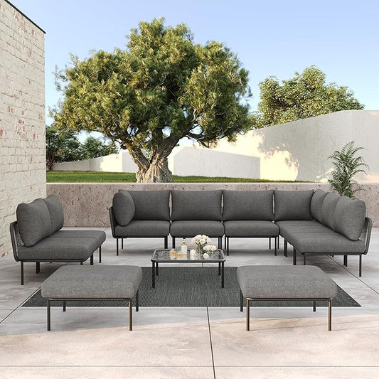 LayinSun 11 Pieces Aluminum Patio Furniture Set, Modern Modular Sectional Sofa with Coffee Table and Upgrade Thickness Cushion