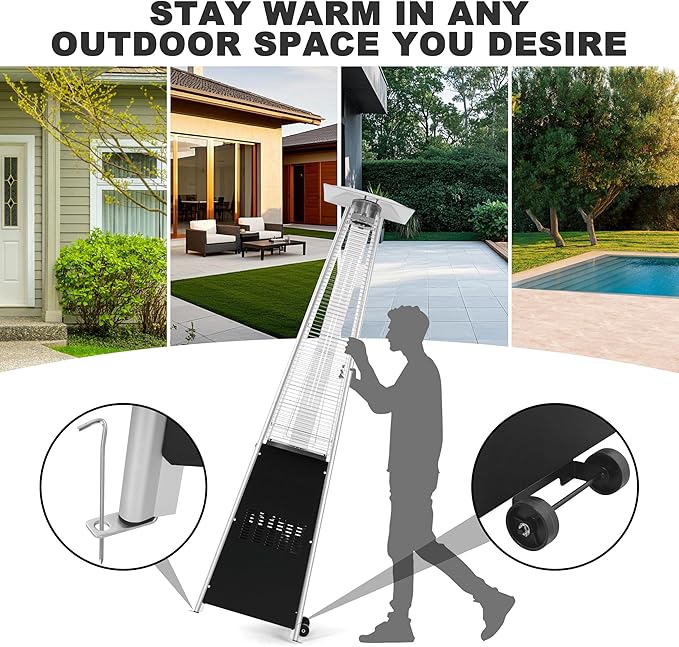 Nuu Garden Outdoor Pyramid Patio Heater, 48,000 BTU Propane Patio Heater with Glass Tube, Wheels, Outdoor Heater for Patio, Garden, Backyard, Porch, Black
