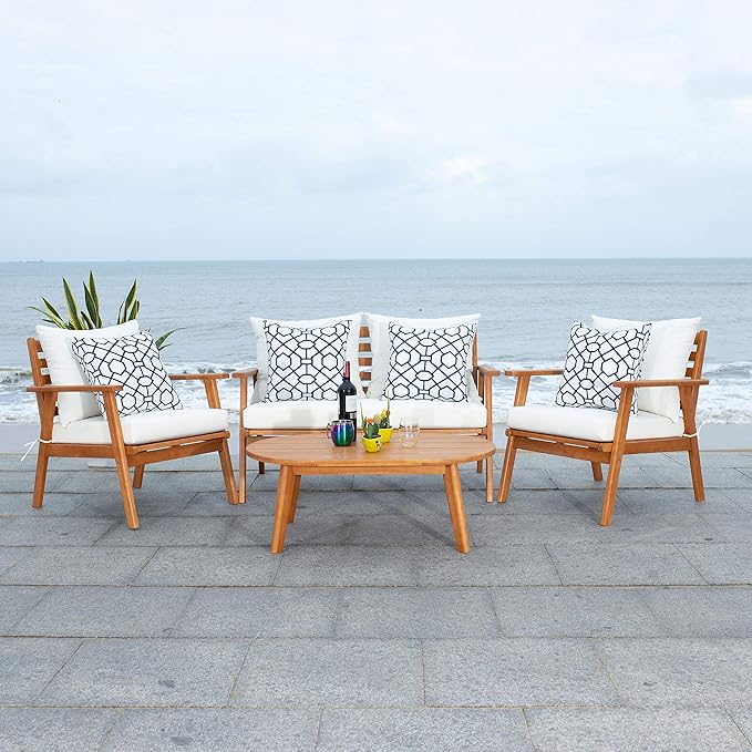SAFAVIEH Outdoor Deacon Natural and Beige 4-Piece Set with Blue and White Pillows