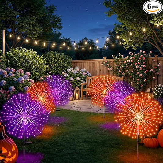 6 Pcs Easter Solar Firework Stake Lights 180 LED 8 Modes Solar Waterproof LED Sparkler Lights Outdoor Decoration for Christmas Holiday Garden Patio Yard Pathway Walkway, Orange, Purple