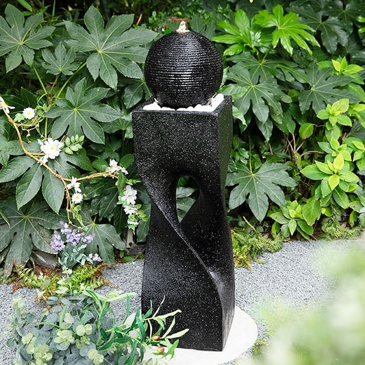 Glitzhome Water Fountain Outdoor, Outdoor Fountain with Lights, 40.5" H Modern Large Geometric Pedestal and Sphere Polyresin Outdoor Water Feature with Pump for Garden, Patio, Backyard, Porch (Black)