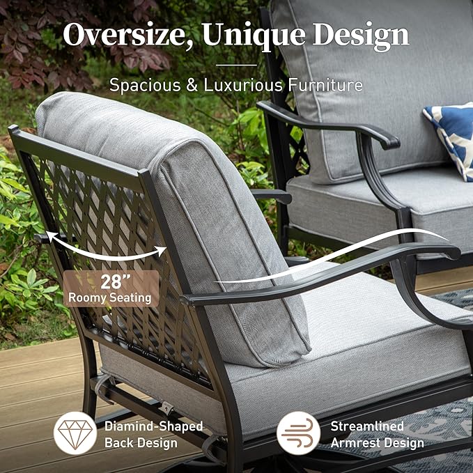 7 Piece Metal Outdoor Patio Furniture Set, Patio Conversation Sets 1 3-seater Sofa, 2 Fixed Chairs, 2 Swivel Chairs, 2 Ottomans with 5.75" Thick Cushion, Black Backyard Furniture, Gray