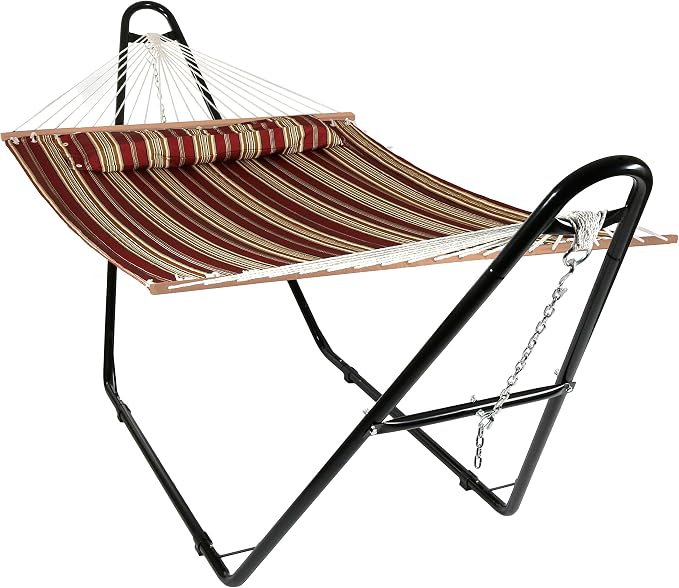 Sunnydaze Double Quilted Fabric Hammock with Universal Steel Stand - 450-Pound Capacity - Black Stand - Red Stripes by SunnydazeDecor