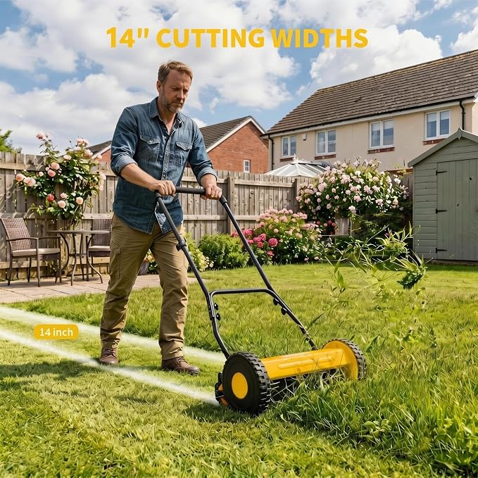 14" Push Lawn Mower, Manual Hand Push Lawn Mower Without Grass Catcher, Lightweight & Portable Walk-Behind Mower for Small Yards, Garden & Patio - Image 2
