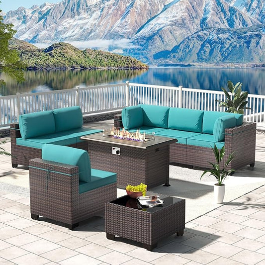 Kullavik 8 Pieces Outdoor Patio Furniture Set,Sectional Sofa Set with 43" 55000 BTU Gas Propane Fire Pit Table,Brown PE Rattan Wicker Patio Conversation Set,Turquoise Blue