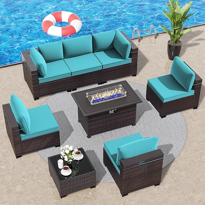 8 Pieces Outdoor Patio Furniture Set,Outdoor Sectional Furniture with 43" 55000 BTU Gas Propane Fire Pit Table,All Weather PE Rattan Wicker Patio Conversation Set,Turquoise Blue