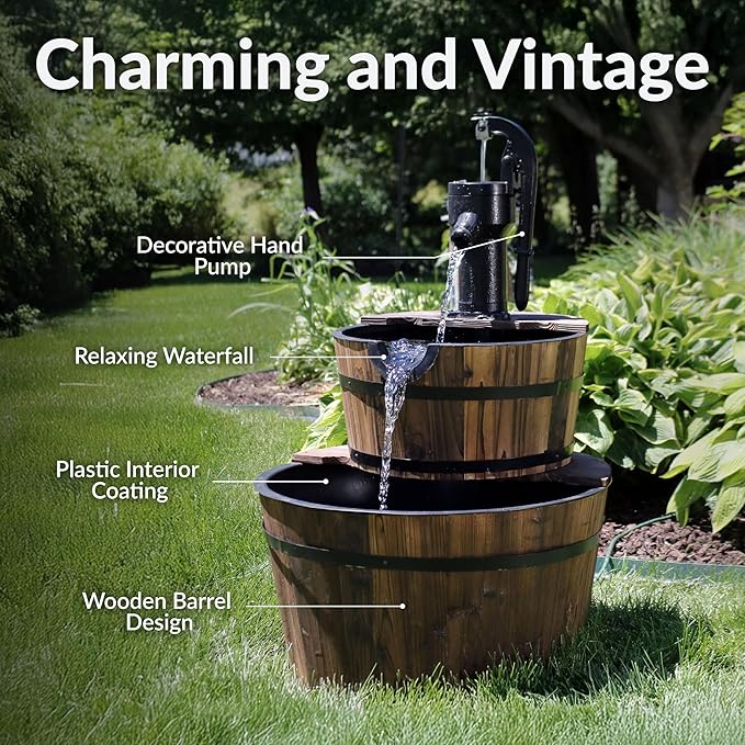 Sunnydaze 2-Tier Wood Barrel Water Fountain - 34-Inch Vintage Water Pump Fountain with Submersible Pump - for Garden, Patio, Decks