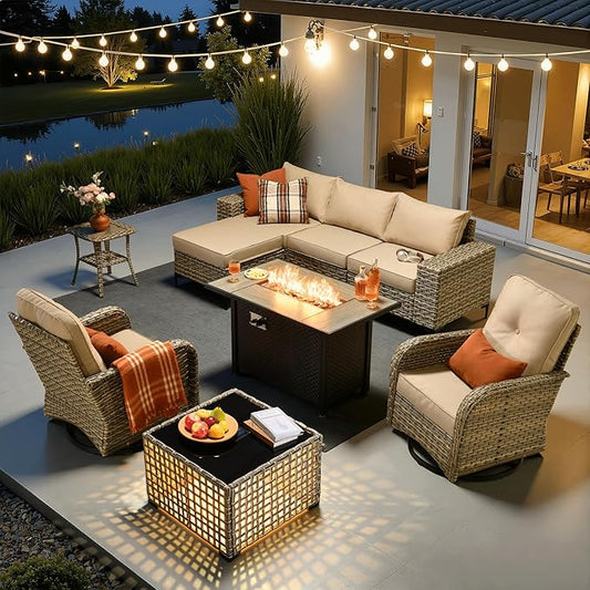 ovios 9-Piece Patio Furniture Set with L-Shape Sofa Chaise, Outdoor Sectional Couch Swivel Gliders Fire Pit Table Solar Table, Modern Modular Wicker Rattan Conversation Set, Beige