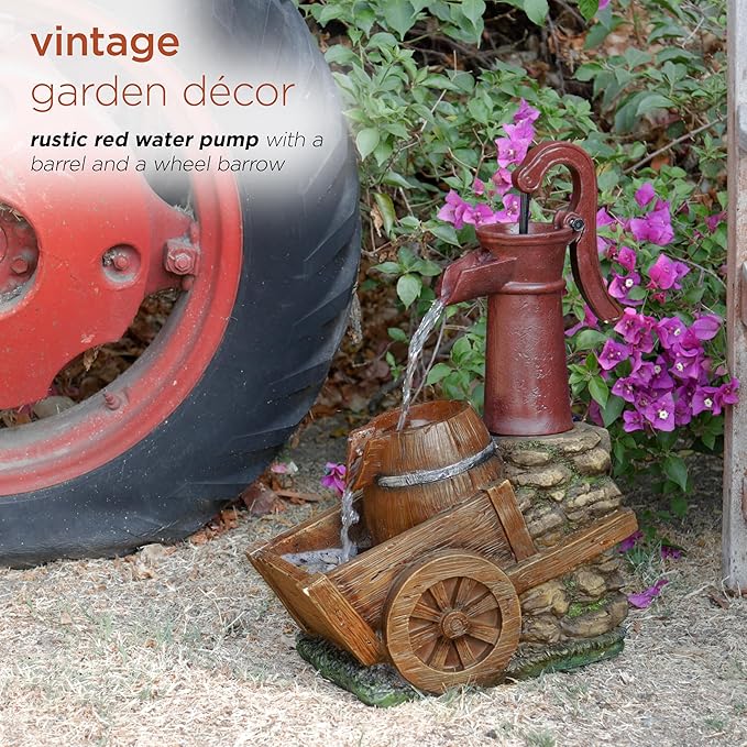 Alpine Corporation ZEN276S Outdoor Vintage Water Pump and Wheelbarrow Floor Fountain - Calming Water Flow, 23 Inch Tall, Brown