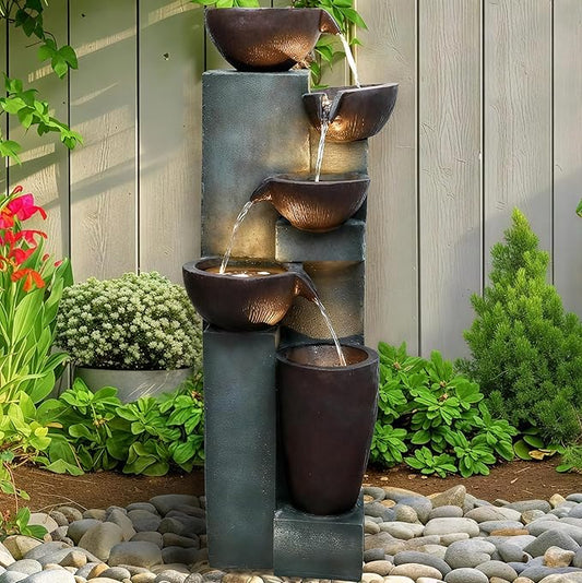Naturefalls 39.7" Tall Outdoor Water Fountain and Waterfalls - Large Garden Fountain with LED Lights, 5-Tier Cascading, Indoor and Outdoor Fountains for Garden, Patio, Deck, Porch, Backyard and Home