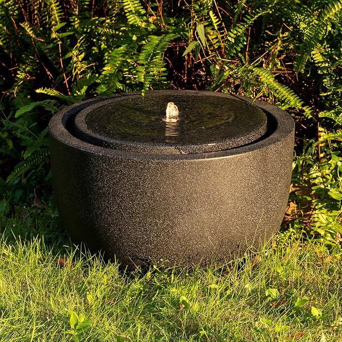12.60” H Outdoor Water Fountain Made with Eco-Friendly Recyclable Materials, Polyethylene Round Bubbler Water Fountain Outdoor, Garden Decor with LED Light for Patio, Porch, Backyard (12.60")