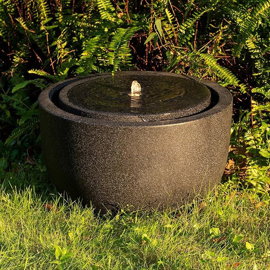 12.60” H Outdoor Water Fountain Made with Eco-Friendly Recyclable Materials, Polyethylene Round Bubbler Water Fountain Outdoor, Garden Decor with LED Light for Patio, Porch, Backyard (12.60")