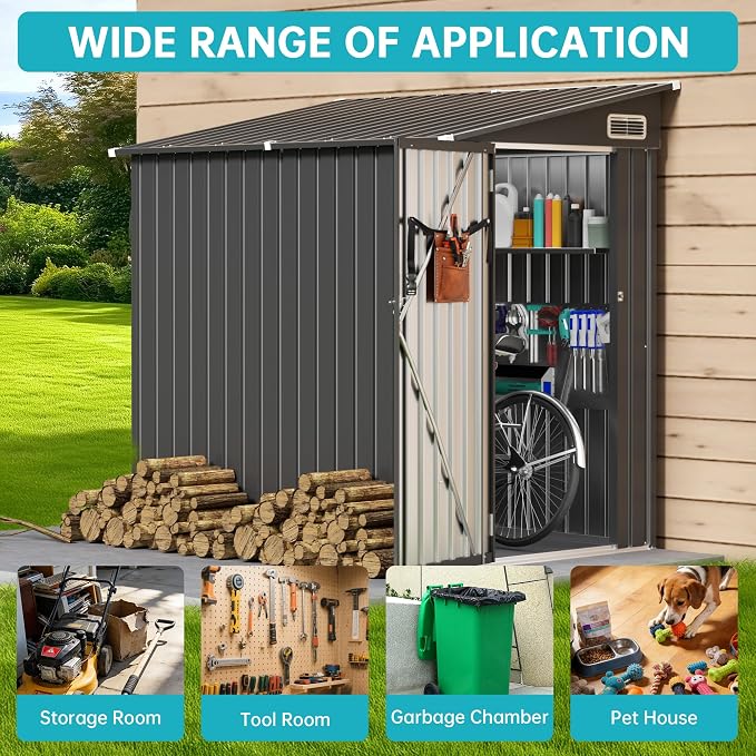 4x6 Lean to Yard Storage Shed, Outdoor Lean to Storage Sheds, Metal Wall Side Bike Shed with Lockable Door for Garden, Backyard, Patio, Lawn (Black, 4x6FT) - Image 6