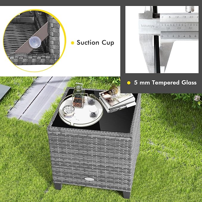 HAPPYGRILL 3 Pieces Patio Conversation Set, Outdoor Furniture Set PE Rattan Sofa Set with Removable Cushions, PE Wicker Chairs with Tempered Glass Side Table for Porch Lawn Garden Balcony Backyard