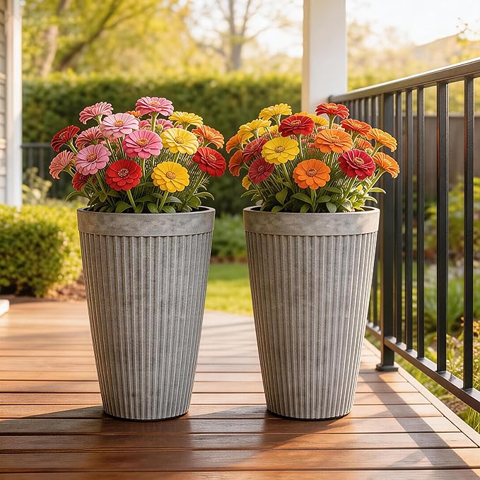 20" Tall Planters Set of 2, High-Density Resin Fluted Outdoor Pots for Plants, Versatile Indoor/Outdoor Flower Pots w/Drainage Holes for Patio, Garden, Porch & Living Room Decor, Ideal Gift