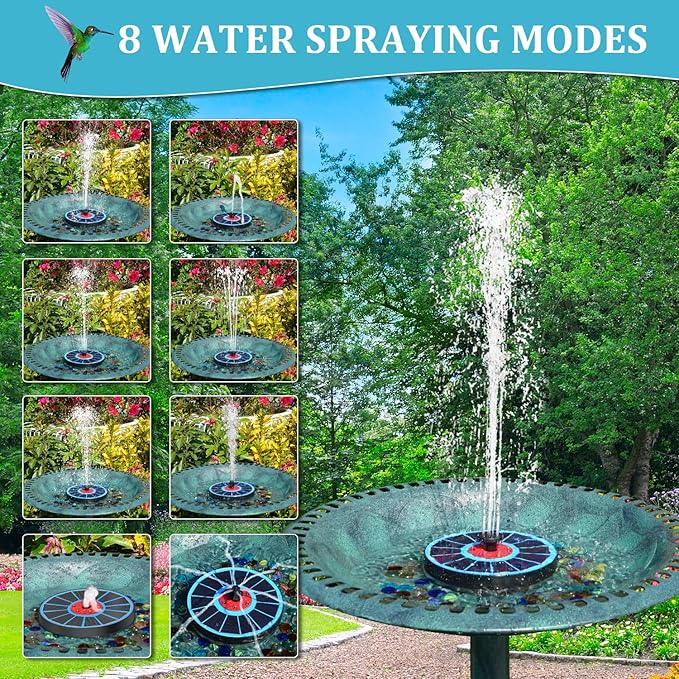 Solar Fountain Upgrade, 3.5W Solar Birdbath Fountains with White Lights, Glass Panel, 2200mAh Battery, Hummingbird Water Fountains with 8 Spray Modes & 4 Fixed Pipes for Garden, Pool, Pond