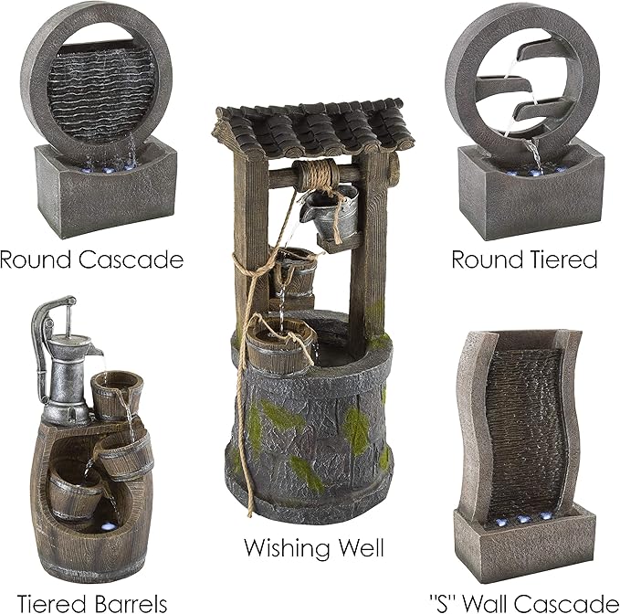 Outdoor Water Fountain - 4 Tier Polyresin Water Fountain Outdoor with LED Lights - 18.5in Decorative Water Feature for Outdoor Decor by Pure Garden