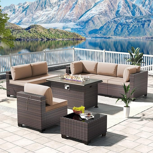 Kullavik 8 Pieces Outdoor Patio Furniture Set,Sectional Sofa Set with 43" 55000 BTU Gas Propane Fire Pit Table,Brown PE Rattan Wicker Patio Conversation Set,Sand