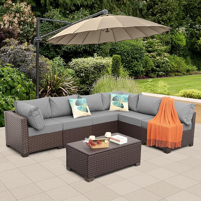 7 Pieces Outdoor Wicker Furniture Conversation Set Patio Furniture Sectional Sofa Couch Storage Table with Thicken(5") Non-Slip Cushions Waterproof Cover, Light Grey