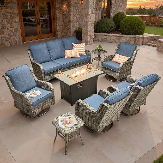 ovios 8-Piece Patio Furniture Set with Swivel Chairs Coffee Table, Outdoor Wicker Sofa with 42" Fire Pit Table, High Back Couch Modern Conversation Sets, Grey/Denim Blue