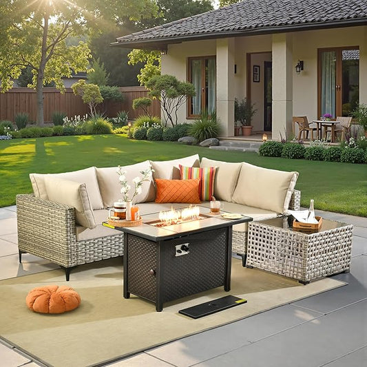 6 Pcs Patio Furniture with Fire Pit Table, Outdoor Rattan Wicker Conversation Set with Glowing Coffee Table, Comfy Sectional Sofa for Porch Balcony Backyard Pool, Beige