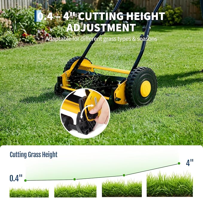 16" 5-Blade Push Reel Lawn Mower, Manual Push Mower with Adjustable Cutting Height, Compact Lawnmower for Small to Medium Yard and Field, Lightweight Hand Reel Push Mower, Yellow - Image 4