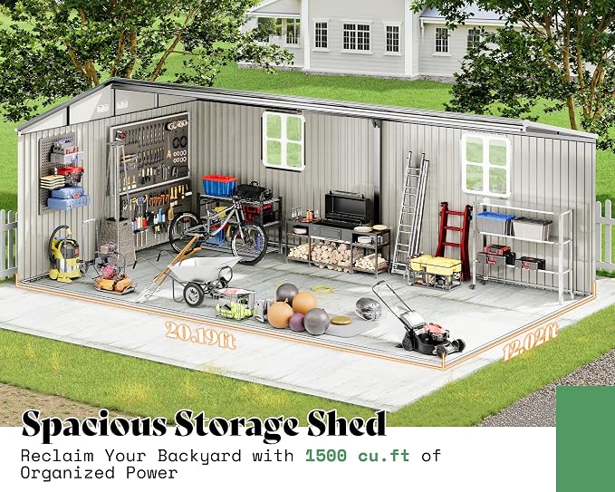 VanAcc 12x20x7.2 FT Outdoor Storage Shed with 2 Transparent Panels, Metal Garden Shed with Hinged Double Doors, Windows & Vents, Reinforced Steel Frame for Backyard Garden, DIY Workshop, Dark Gray - Image 3