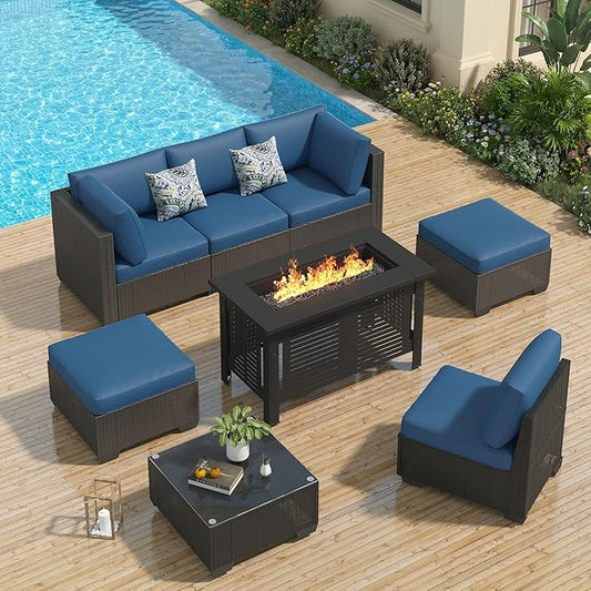 U-MAX 7 Piece Outdoor Patio Furniture Set with Extra 43 Inch Fire Pit Table, PE Rattan Wicker Sofa Set, Outdoor Sectional Furniture Chair Set with Tea Table, Black Rattan&Dark Blue Cushion