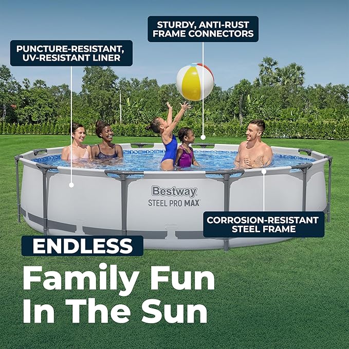 Bestway Steel Pro MAX 12' x 30" Above Ground Pool, Round Metal Frame Outdoor Swimming Pool Set with Filter Pump & Type III A/C Cartridge, Gray - Image 4