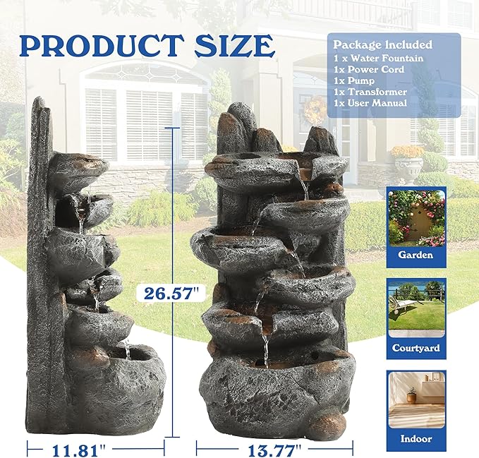Outdoor Cascading Rock Water Fountain, 6-Tiers Fountains and Waterfalls with LED Lights, Indoor Freestanding Resin Waterfall Feature w/Pump for Patio, Garden, Backyard, Deck, Porch, Home Decor