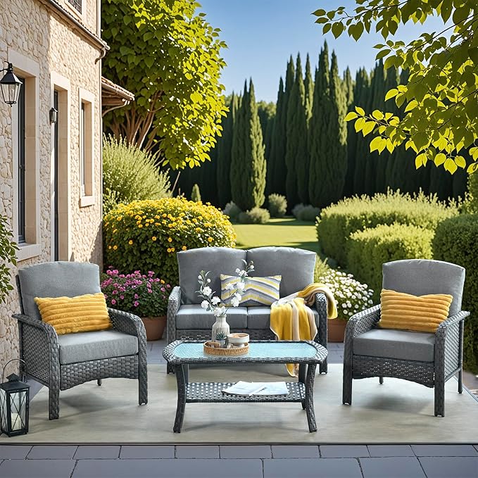 4 Pieces Wicker Patio Furniture - All-Weather PE Wicker Outdoor Conversation Bistro Set Loveseat Chairs with Table,Outdoor Rattan Sofa Chair High Back Deep Seating,Grey
