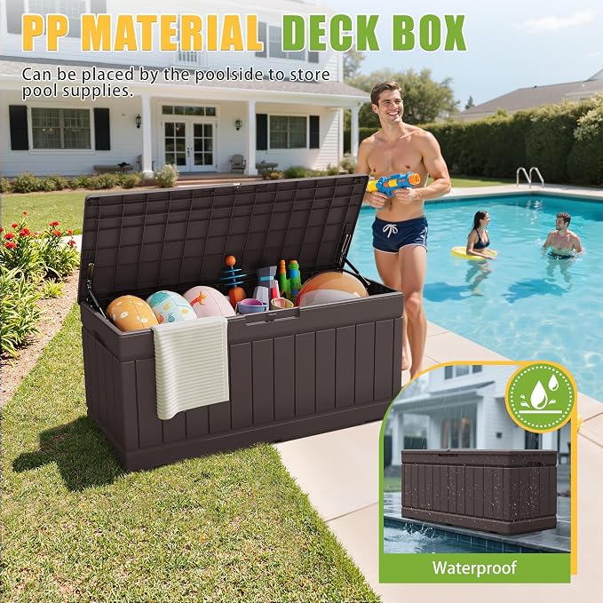 Greesum Outdoor Storage Box 82 Gallon Storage Bin with Lid for Patio Furniture, Garden Tools, Pool Supplies, Waterproof and UV Resistant, Lockable, Dark Brown - Image 2