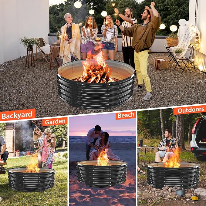 YSEJOMP 48 Inch Round Galvanized Fire Pit Ring/Fire Ring - Foldable and Perfect for Outdoor Gatherings and Campfires in The Yard/Garden/Park/Beach (Black+Gray, 4 FT Diameter+1.5 FT Tall) - Image 5