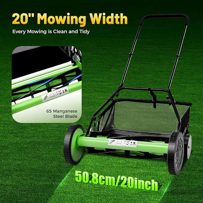 20-Inch Manual Lawn Mower Push Reel Manual Grass Cutter for Small to Medium Lawns, Lightweight & Easy to Maneuver, Eco-Friendly and Quiet Operation - Image 2