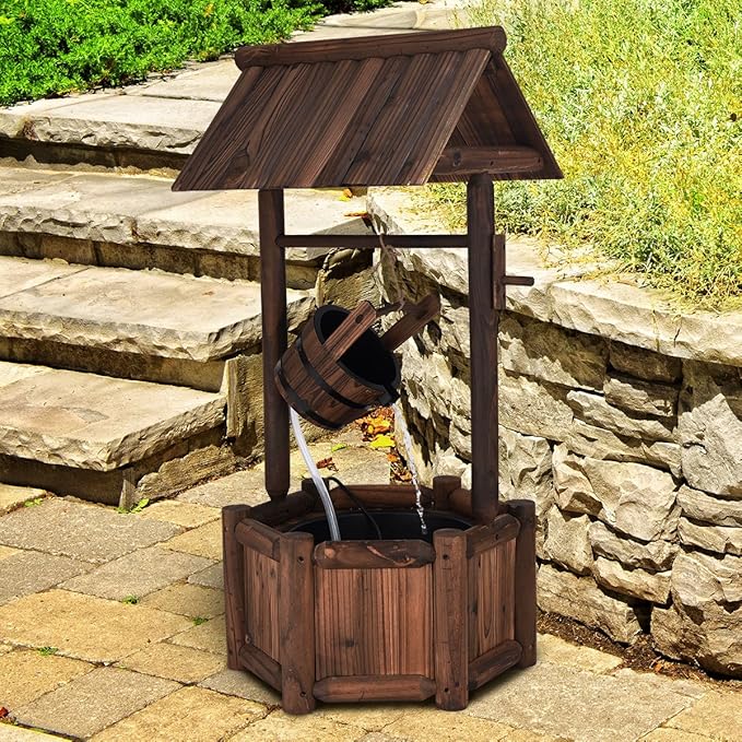 S AFSTAR Wishing Well Water Fountain, Rustic Wood Outdoor Waterfall Fountain with UL Certificated, Garden Wishing Well, Electric Pump Wishing Wells for Outdoor Yard Garden Backyard Decoration