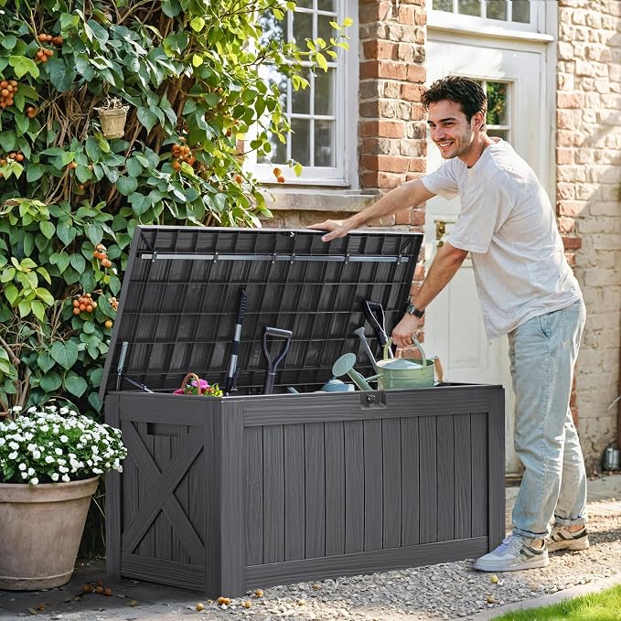 Greesum 120 Gallon Deck Box, Resin Outdoor Storage Container for Patio Furniture, Garden Tools, Pool Accessories, Weatherproof, Lockable, Gray - Image 2