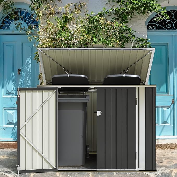 Greesum 5.8x3.3 FT Outdoor Storage Shed Metal Garbage Shed with Lid Chain Hydraulic Gas Rod for Lawn Tools, Bikes, Toys,Garbage Bin,Black - Image 2