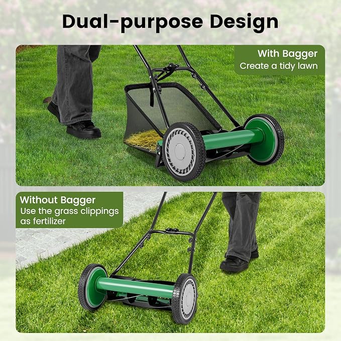 16-inch 5-Blade Push Reel Lawn Mower, Walk-Behind Grass Cutter w/Removable 7 Gallon Grass Catcher Bag & Adjustable Cutting Height, Cordless Manual Lawn Mower for Garden, Lawn, Yard (Green) - Image 6