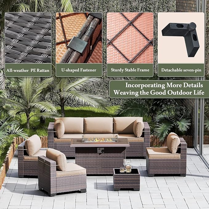 13 Pieces Outdoor Patio Furniture Set,Outdoor Sectional Furniture with 43" 55000 BTU Gas Propane Fire Pit Table,PE Rattan Wicker Patio Conversation Set with 10 Thickened Cushions,Sand