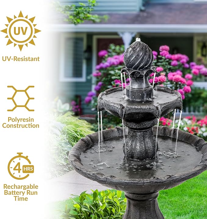 Sunnydaze 35" Solar 2-Tier Outdoor Water Fountain - Outdoor Water Fountain with Battery Backup and Pump - Black
