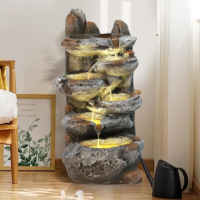 Outdoor Cascading Rock Water Fountain, 6-Tiers Fountains and Waterfalls with LED Lights, Indoor Freestanding Resin Waterfall Feature w/Pump for Patio, Garden, Backyard, Deck, Porch, Home Decor