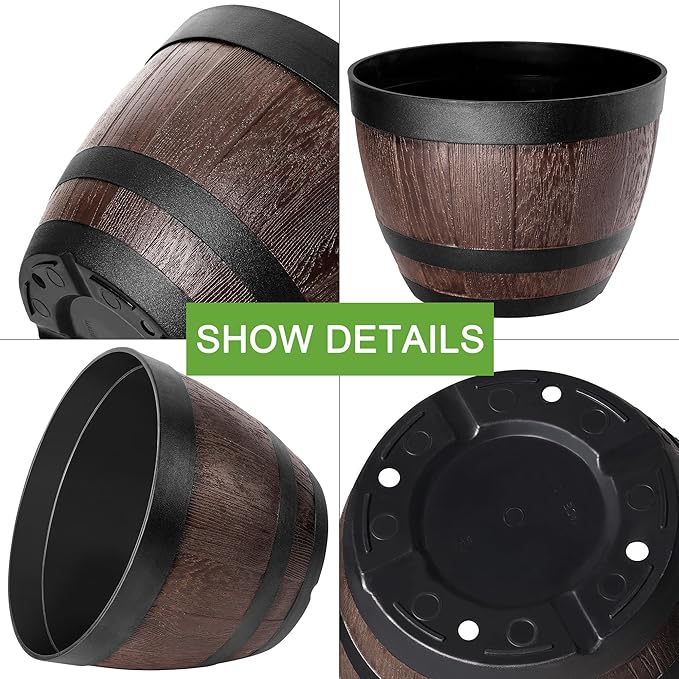 VECELO Plant Pots with Drainage Holes & Saucer, 9 Inch Flower Pots with Tray, 3 Pack Plastic Whiskey Barrel Planters for Indoor & Outdoor Garden Home Plants and Flowers