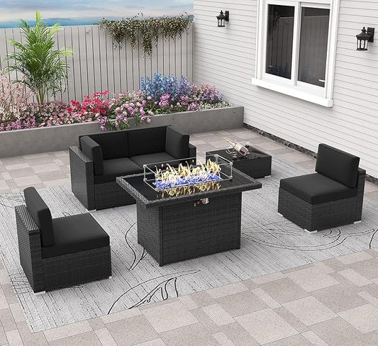 6 Pieces Patio Furniture Set with 44" Propane Gas Fire Pit Table, Outdoor Sectional Wicker Conversation Sofa Sets with Coffee Table