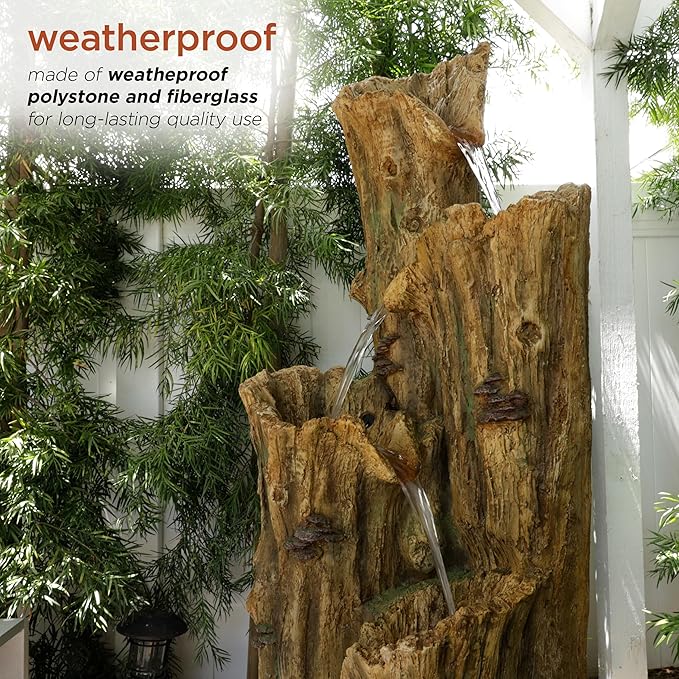 Alpine Corporation 65" Tall Outdoor 4-Tier Cascading Tree Bark Water Fountain with LED Lights