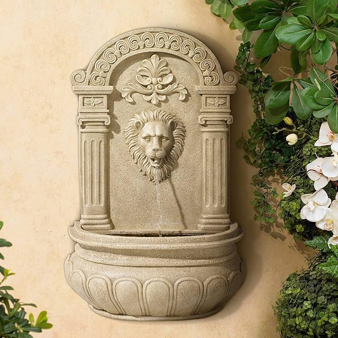 Royal Lion Face 31" High Large Italian Indoor Outdoor Decor Sand Stone Wall Fountain Basin Statue Water Feature for Outside Garden Patio Yard Backyard Porch Deck Relaxation - John Timberland