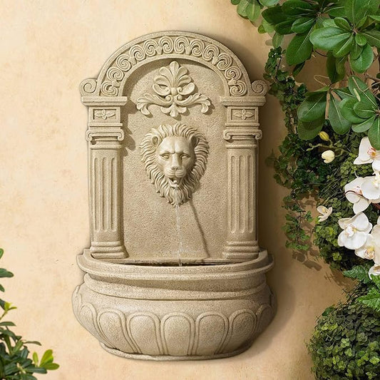 Royal Lion Face 31" High Large Italian Indoor Outdoor Decor Sand Stone Wall Fountain Basin Statue Water Feature for Outside Garden Patio Yard Backyard Porch Deck Relaxation - John Timberland