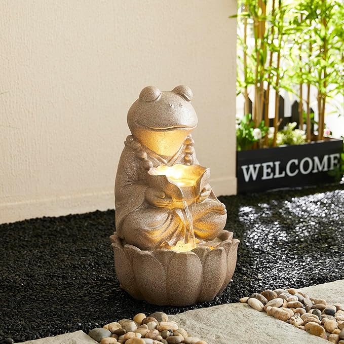 Glitzhome Outdoor Fountains and Waterfalls Zen-Style Frog Water Fountains with LED & Pump, Patio Water Fountain Yard Fountain 2 Tier Floor Waterfall for Backyard Lawn Garden Porch 22" H, Sand Beige